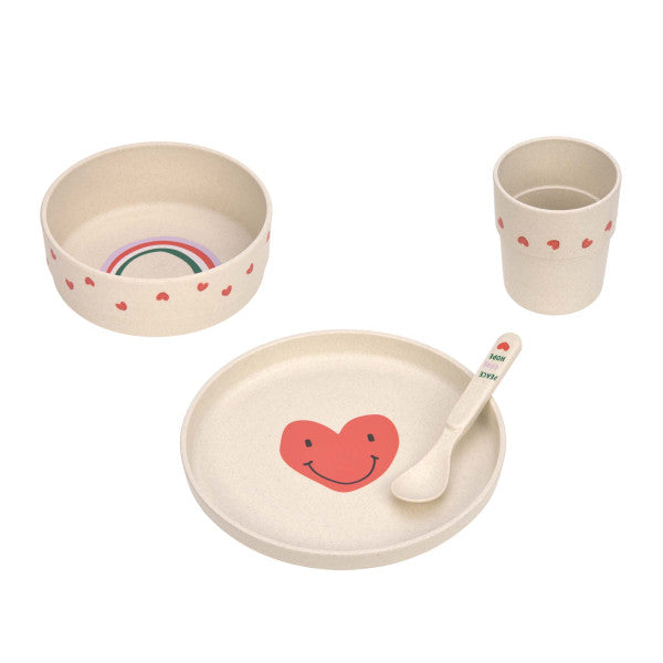 Kindergeschirr Set (Teller - Schüssel - Becher - Löffel) - Happy Rascals, Herz - Lässig
